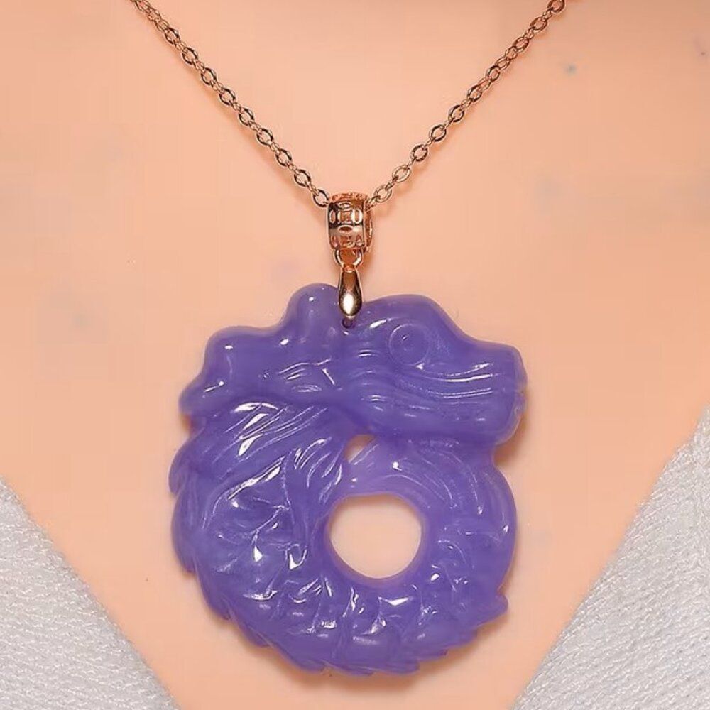 Purple Jade Carved Dragon Pendant Necklace in 14K Rose Gold/Sterling Silver
